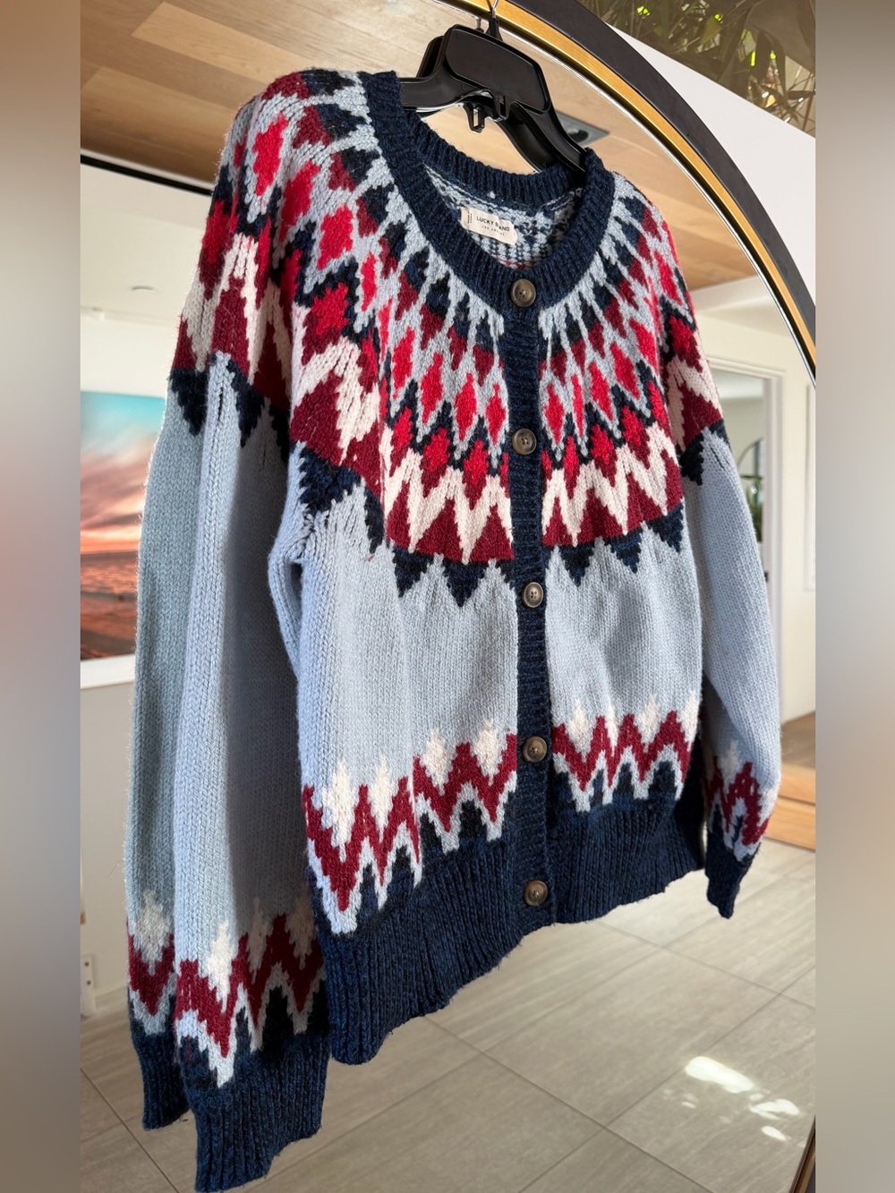 Lucky Brand Fair Isle Knit Button Front Cardigan Sweater Large - Picture 5 of 16